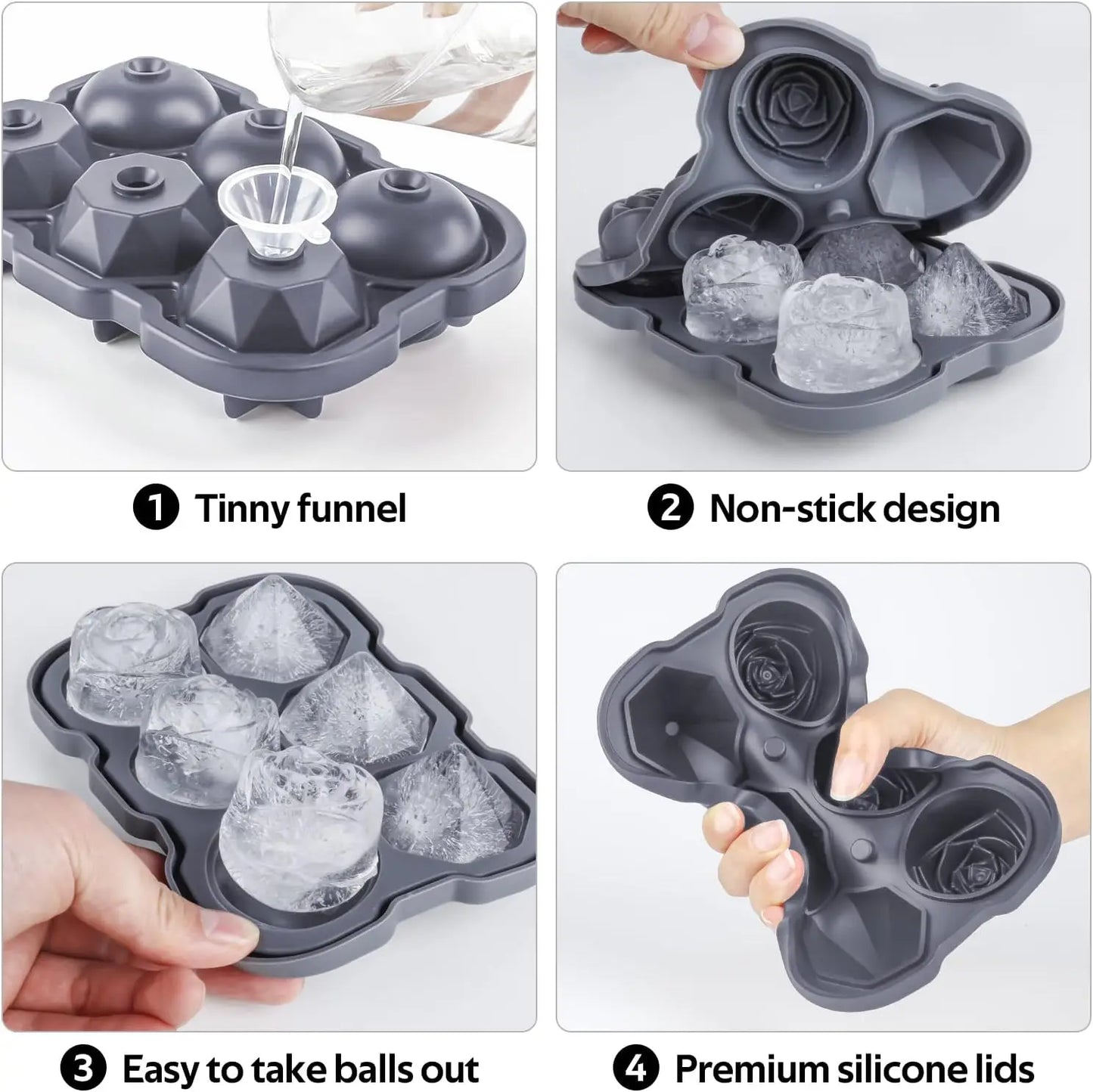 🌹 Rose & Diamond Ice Cube Mold – 6 Large Silicone Ice Balls for Cocktails & More