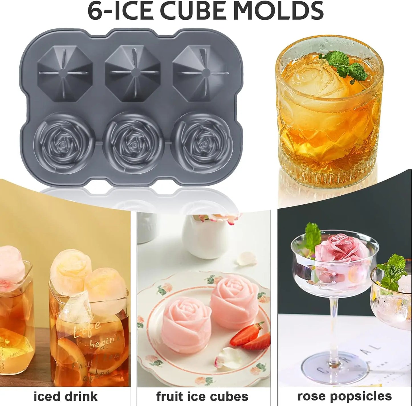 🌹 Rose & Diamond Ice Cube Mold – 6 Large Silicone Ice Balls for Cocktails & More
